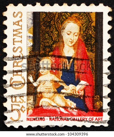 UNITED STATES OF AMERICA - CIRCA 1966: a stamp printed in the USA shows Detail from Painting Madonna and Child with Angels by Hans Memling, Christmas, circa 1966