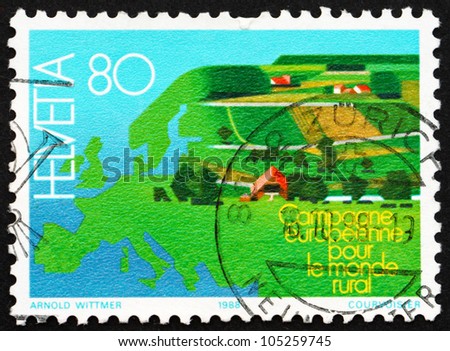 SWITZERLAND - CIRCA 1988: a stamp printed in the Switzerland shows Europe, European Campaign to Protect Undeveloped and Developing Lands, circa 1988