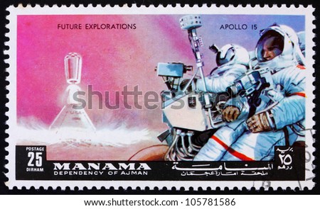 MANAMA - CIRCA 1972: a stamp printed in the Manama, Bahrain shows Astronaut with Camera, Apollo 15, Mission to the Moon, circa 1972