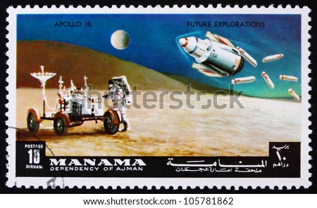 MANAMA - CIRCA 1972: a stamp printed in the Manama, Bahrain shows Astronaut and Lunar Rover, Apollo 15, Mission to the Moon, circa 1972