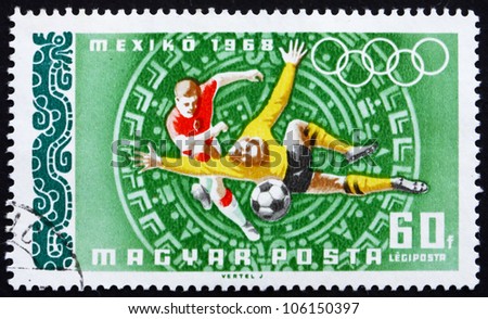 HUNGARY - CIRCA 1968: a stamp printed in the Hungary shows Football, Summer Olympic sports, Mexico 68, circa 1968