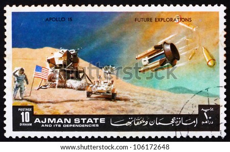 AJMAN - CIRCA 1972: a stamp printed in the Ajman shows Moon-landing, Apollo 15, Mission to the Moon, circa 1972