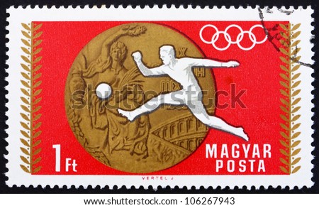 HUNGARY - CIRCA 1969: A stamp printed in the Hungary shows Soccer, Football, Summer Olympic sports, Mexico 68, circa 1969