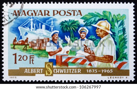 HUNGARY - CIRCA 1975: A stamp printed in the Hungary shows Hospital Supplies Arriving by Ship, Dr. Albert Schweitzer, Medical Missionary and Musician, circa 1975