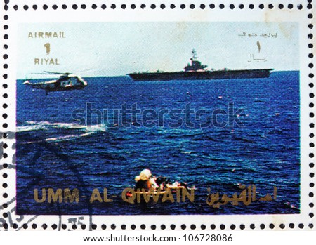 UMM AL-QUWAIN - CIRCA 1972: a stamp printed in the Umm al-Quwain shows Space Capsule Recovery, Apollo, Spaceflight Program, circa 1972