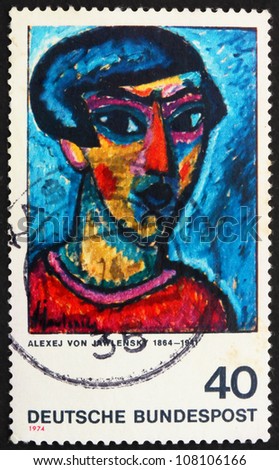 GERMANY - CIRCA 1974: a stamp printed in the Germany shows Portrait in Blue, Painting by Alexej von Jawlensky, German Expressionist Painter, circa 1974