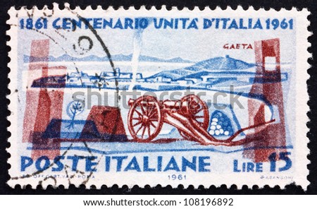 ITALY - CIRCA 1961: a stamp printed in the Italy shows Cavalli Gun and Gaeta Fortress, Centenary of Italian Unity, circa 1961
