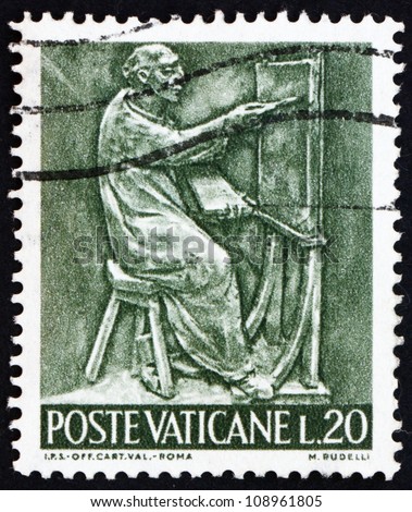 VATICAN - CIRCA 1966: A stamp printed in the Vatican shows Pope Paul VI, Painter, Bas-relief by Mario Rudelli from the Chair in the Pope\'s Private Chapel, circa 1966
