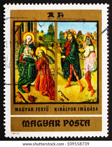 HUNGARY - CIRCA 1973: a stamp printed in the Hungary shows Adoration of the Kings, Painting by Hungarian Anonymous Early Master, from the Christian Museum at Esztergom, circa 1973