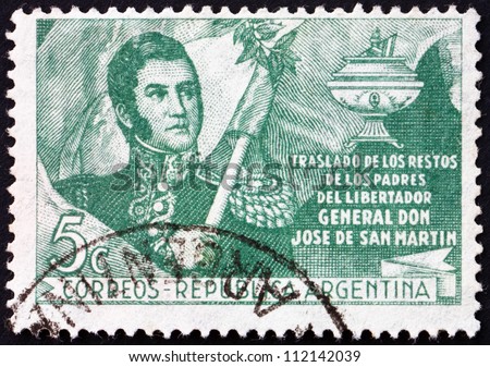 ARGENTINA - CIRCA 1949: a stamp printed in the Argentina shows Jose de San Martin, General, Transfer of the Remains of Generals Parents, circa 1949