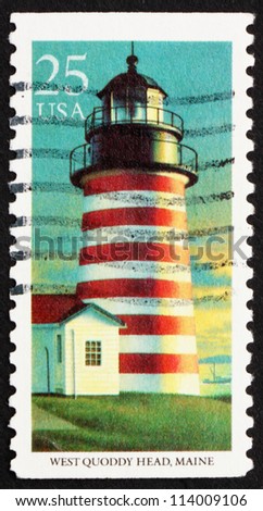 UNITED STATES OF AMERICA - CIRCA 1990: a stamp printed in the USA shows West Quoddy Head, Maryland, Lighthouse, circa 1990