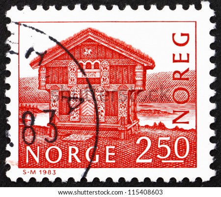 NORWAY - CIRCA 1983: a stamp printed in the Norway shows Log House, Breiland, Norway, circa 1983