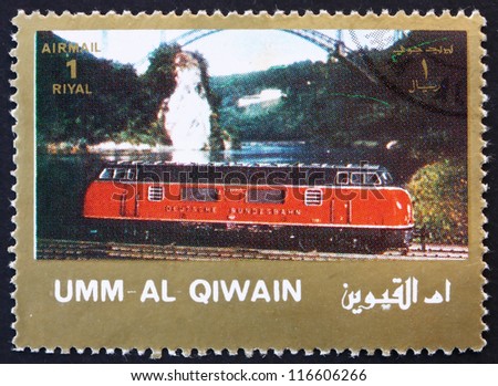 UMM AL-QUWAIN - CIRCA 1972: a stamp printed in the Umm al-Quwain shows Electric Locomotive, circa 1972
