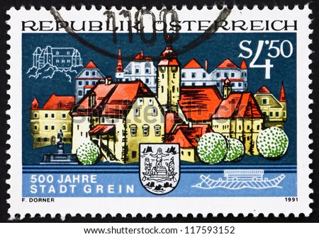 AUSTRIA - CIRCA 1991: a stamp printed in the Austria shows City of Grein, 500th Anniversary, circa 1991