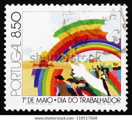 PORTUGAL - CIRCA 1981: a stamp printed in the Portugal shows Workers and Rainbow, International Workers\'?? Day, circa 1981