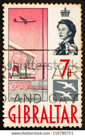GIBRALTAR - CIRCA 1966: a stamp printed in the Gibraltar shows Air Terminal, Queen Elizabeth, circa 1966