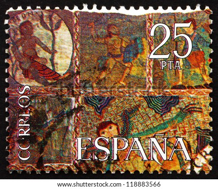 SPAIN - CIRCA 1980: a stamp printed in the Spain shows Part of The Creation, Tapestry, Gerona Cathedral, circa 1980