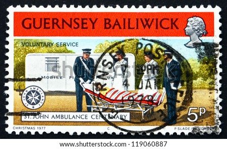 GUERNSEY - CIRCA 1977: a stamp printed in the Guernsey shows Mobile First Aid Unit, circa 1977