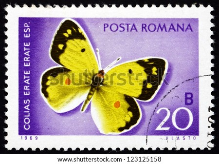 ROMANIA - CIRCA 1969: a stamp printed in the Romania shows Eastern Pale Clouded Yellow, Colias Erate, Butterfly, circa 1969