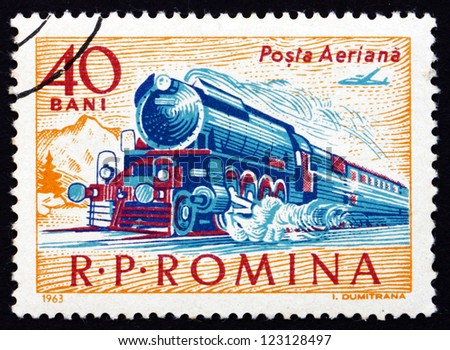 ROMANIA - CIRCA 1963: a stamp printed in the Romania shows Steam Locomotive, circa 1963