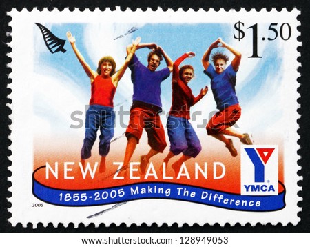 NEW ZEALAND - CIRCA 2005: a stamp printed in the New Zealand shows Four People Jumping, YMCA Emblem, Community Groups, circa 2005