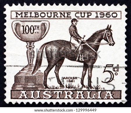 AUSTRALIA - CIRCA 1960: a stamp printed in the Australia shows Melbourne Cup and Archer, 1862 Winner, Centenary of the Melbourne Cup, circa 1960