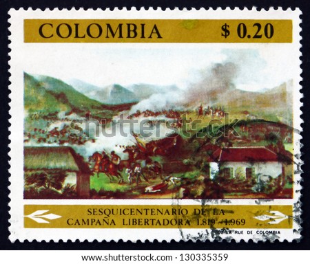 COLOMBIA - CIRCA 1969: a stamp printed in the Colombia shows Battle of Boyaca, Detail, by Jose Maria Espinosa, Fight for Independence, circa 1969