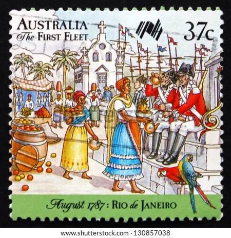 AUSTRALIA - CIRCA 1987: a stamp printed in the Australia shows First Fleet at Rio de Janeiro, Market, Australia Bicentennial, circa 1987