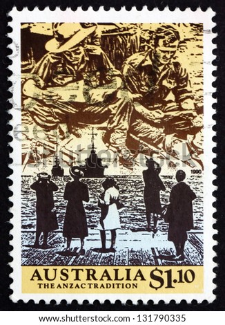 AUSTRALIA - CIRCA 1990: a stamp printed in the Australia shows Anzacs Reading Mail from Home, 5 women Watching Departure of 2 Ships, Scene from WWII, circa 1990