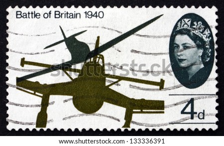 GREAT BRITAIN - CIRCA 1965: a stamp printed in the Great Britain shows Wing tips of Messerschmitt ME-109 and Spitfire, 25th anniversary of the Battle of Britain, circa 1965