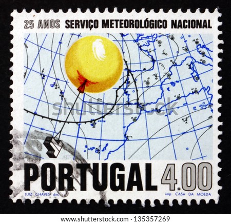 PORTUGAL - CIRCA 1971: a stamp printed in the Portugal shows Stratospheric Weather Balloon and Weather Map of Southwest Europe and North Africa, circa 1971
