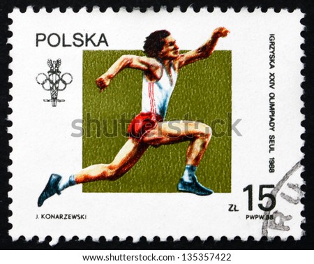 POLAND - CIRCA 1988: a stamp printed in the Poland shows Triple Jump, 1988 Summer Olympics, Seoul, circa 1988
