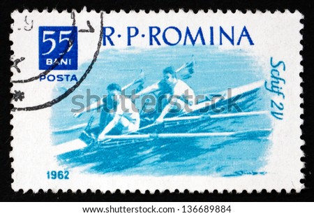 ROMANIA - CIRCA 1962: a stamp printed in the Romania shows 2-man Skiff, Water sport, circa 1962