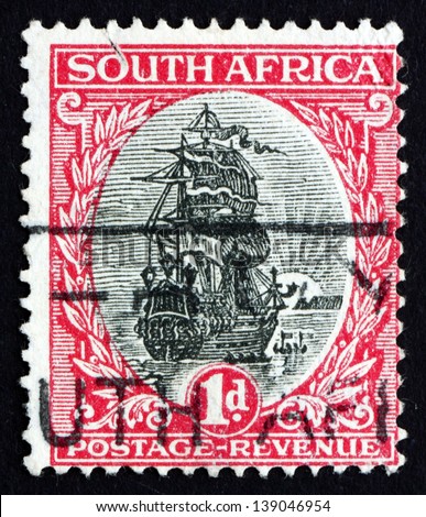 SOUTH AFRICA - CIRCA 1926: a stamp printed in South Africa shows Jan van Riebeeck\'s Ship, Drommedaris, Founder of Cape Town, circa 1926