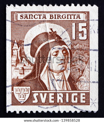 SWEDEN - CIRCA 1941: a stamp printed in the Sweden shows St. Bridget of Sweden, Mystic and Saint, Founder of Bridgettines Nuns and Monks, circa 1941