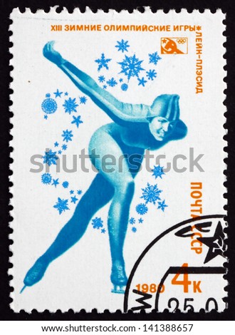 RUSSIA - CIRCA 1980: a stamp printed in the Russia shows Speed Skating, 1980 Winter Olympics, Lake Placid, NY, circa 1980