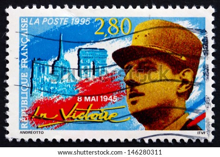 FRANCE - CIRCA 1995: a stamp printed in the France shows French Soldier, 50th Anniversary of the End of World War II, circa 1995