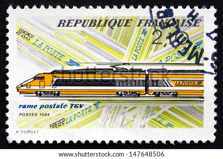 FRANCE - CIRCA 1984: a stamp printed in the France shows High-speed Train Mail Transport, Electric Train Paris-Lyon, circa 1984