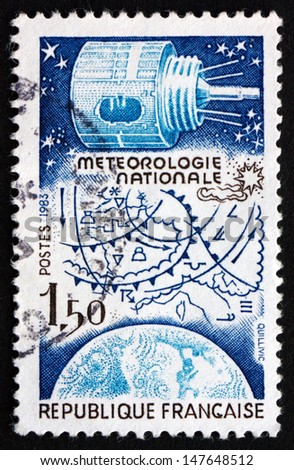 FRANCE - CIRCA 1983: a stamp printed in the France shows National Weather Forecasting, Satellite, Map and Globe, circa 1983