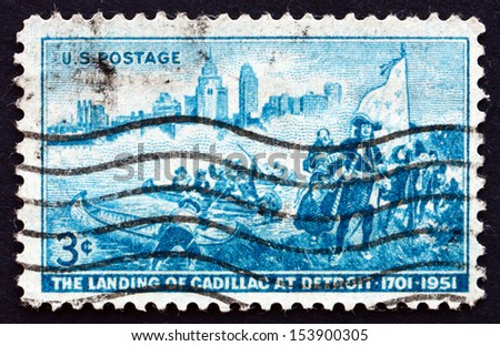 UNITED STATES OF AMERICA - CIRCA 1951: a stamp printed in the USA shows Detroit Skyline and Cadillac Landing, 250th Anniversary of the Landing of Cadillac at Detroit, circa 1951