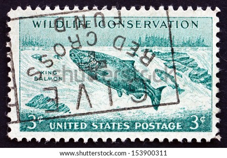 UNITED STATES OF AMERICA - CIRCA 1956: a stamp printed in the USA shows King Salmon Fish, Oncorhynchus Tshawytscha, Wildlife Conservation, circa 1956