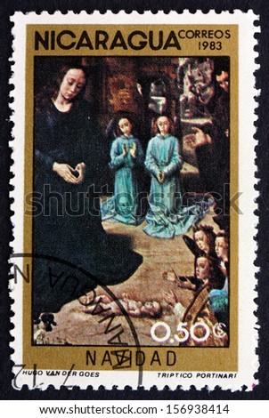 NICARAGUA - CIRCA 1983: a stamp printed in Nicaragua shows Adoration of the Kings, Painting by Hugo van der Goes, Christmas, circa 1983