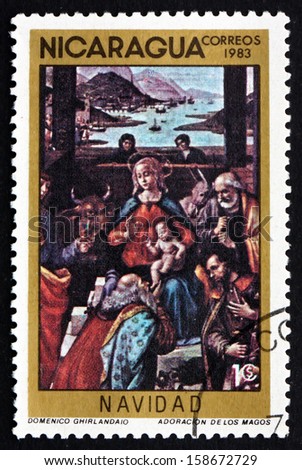 NICARAGUA - CIRCA 1983: a stamp printed in Nicaragua shows Adoration of the Kings, Painting by Domenico Ghirlandaio, Christmas, circa 1983