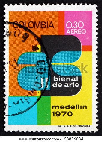 COLOMBIA - CIRCA 1970: a stamp printed in the Colombia shows Art Exhibition Emblem, 2nd Biennial Art Exhibition, Medellin, circa 1970