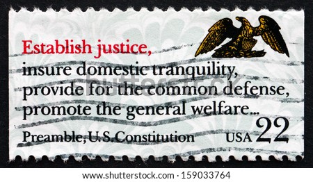 UNITED STATES OF AMERICA - CIRCA 1987: a stamp printed in the USA shows Preamble, US Constitution, Drafting of the Constitution Bicentennial, Establish Justice, circa 1987