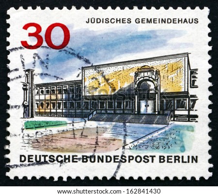 GERMANY - CIRCA 1966: a stamp printed in the Germany, Berlin shows Jewish Community Center, The New Berlin, circa 1966