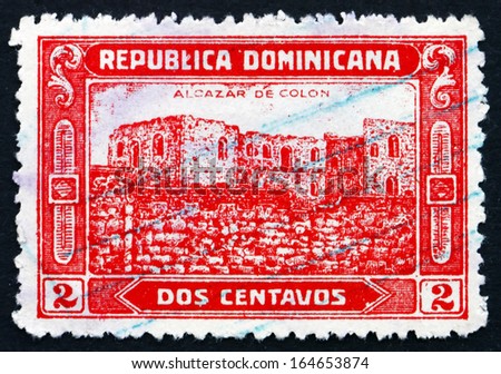DOMINICAN REPUBLIC - CIRCA 1928: a stamp printed in Dominican Republic shows Ruins of Columbus'?? Fortress, circa 1928