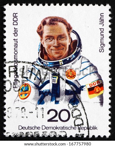 GDR - CIRCA 1978: a stamp printed in GDR shows Sigmund Jahn, 1st German Cosmonaut on Russian Space Mission, circa 1978