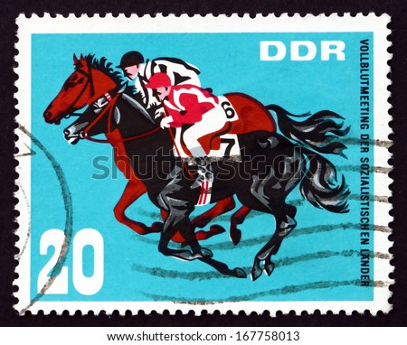 GDR - CIRCA 1967: a stamp printed in GDR shows Horse Race Finish, Thoroughbred Horse Show of Socialist Countries, Hoppegarten, Berlin, circa 1967
