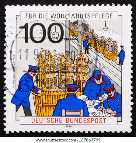 GERMANY - CIRCA 1990: a stamp printed in the Germany shows Post Office, 1900, Post and Telecommunications, circa 1990